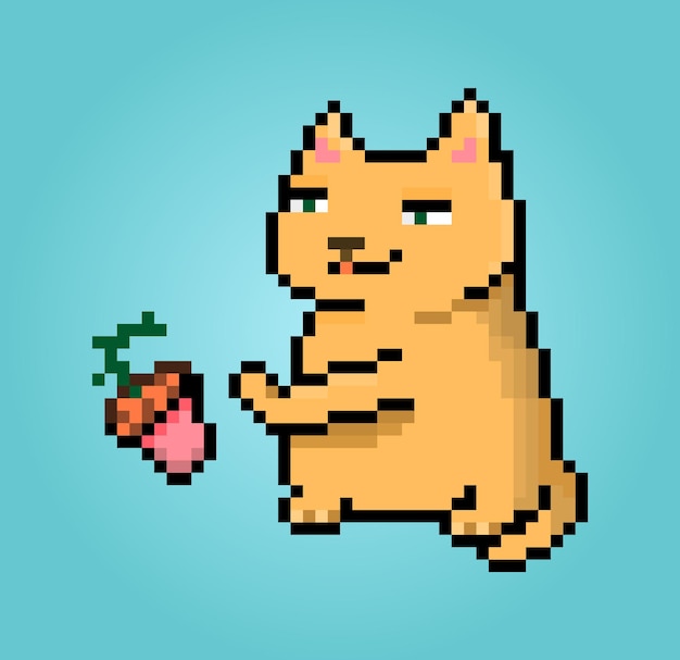 Pixel cat throwing a pot plant pet character