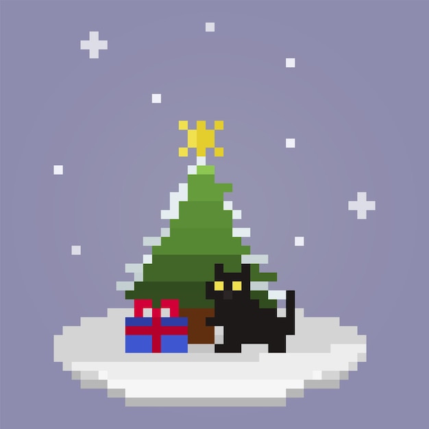 Pixel cat with gift, christmas tree