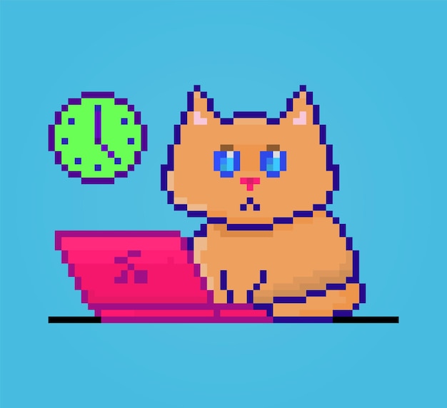 Pixel cat working on pink laptop cute pet