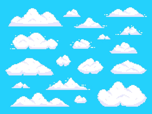 Pixel clouds. Retro 8 bit blue sky aerial cloud pixel art background illustration