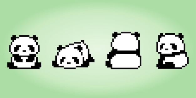 Pixel collection of 8 bit pandas Animals for game assets in vector illustrations