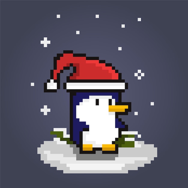 Pixel cute penguin santa hat, christmas holiday