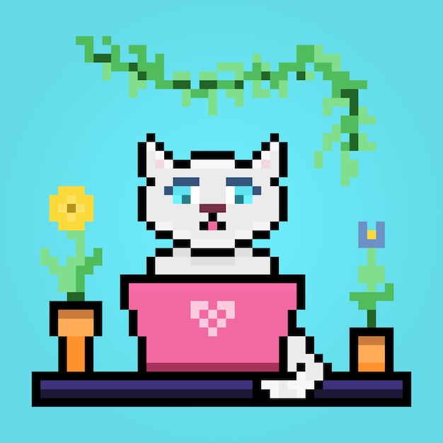 Pixel cute white cat on pink laptop