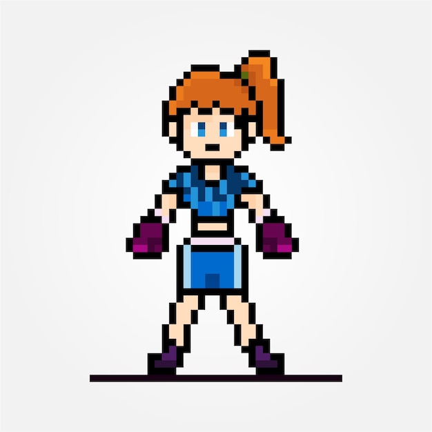 Pixel female boxer standing white background