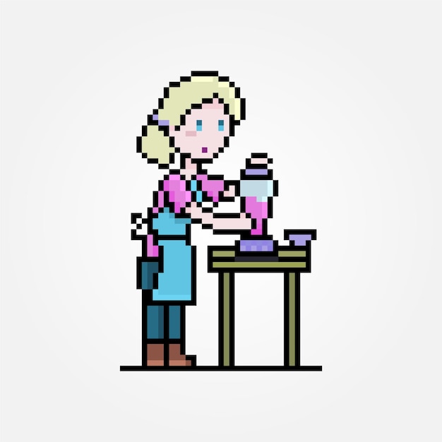 Pixel female character cooking with blender