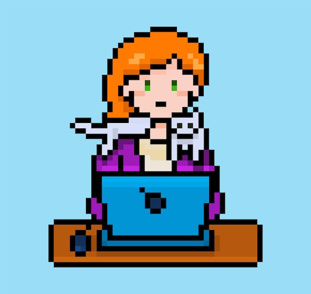 Pixel female character working on laptop with little cat