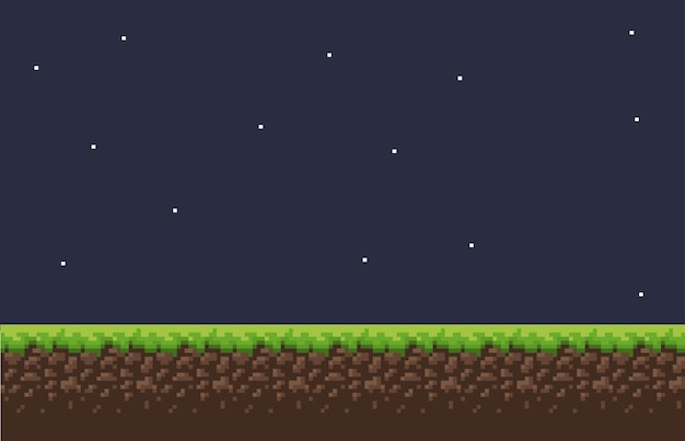 Pixel game background with ground grass sky and props and character