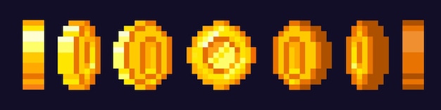 Pixel game coins animation. Golden pixelated coin 16 bit pixels gold and video games