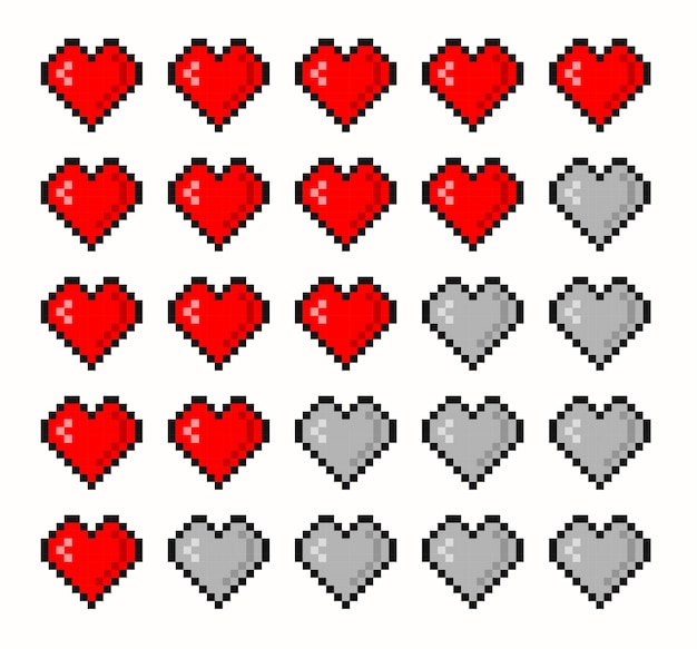 Pixel game life bar. Vector art 8 bit health heart bar. Gaming controller, symbols set.