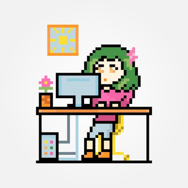 Pixel girl study on pc female character working desk