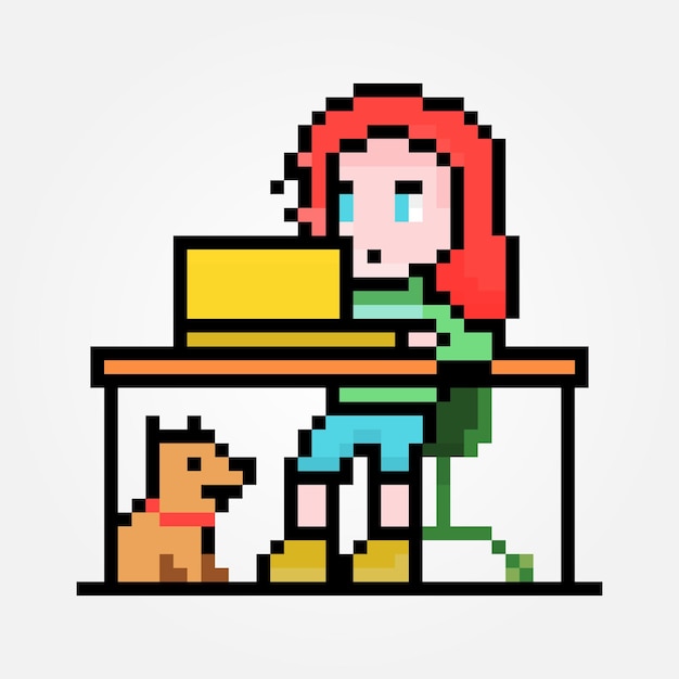 Pixel girl with laptop female character with dog