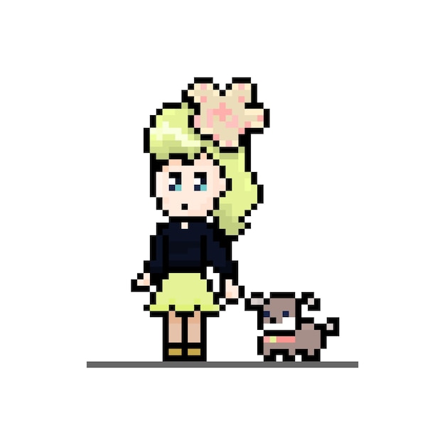 Pixel girl with pet dog cute character walking with animal