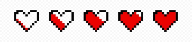 Pixel heart icon set Vector art 8 bit health heart bar Gaming controller symbols set Pixel art heart Video game interface Pixel game life bar  Vector graphic EPS 10