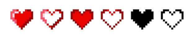 Pixel hearts set in pixel style on white background. Health bar retero pixel game concept. Retro game interface. 8 Bit vector illustration of computer game. Different hearts collection. Vector graphic