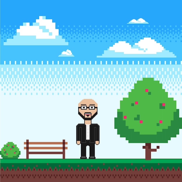 pixel man in garden