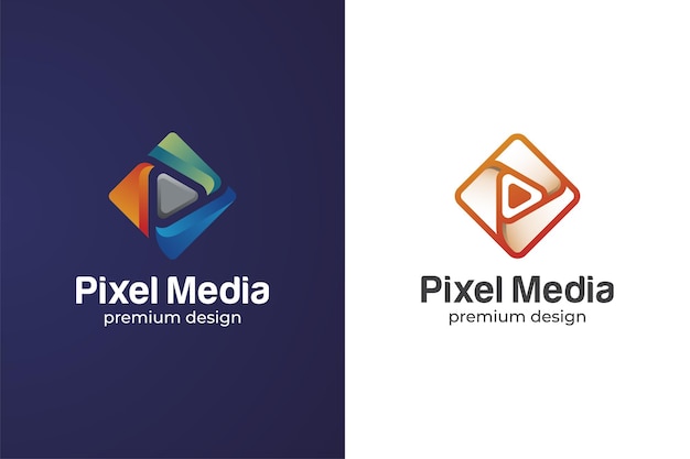 Pixel media logo design with play button icon, symbol for studio music, video player multimedia gradient icon