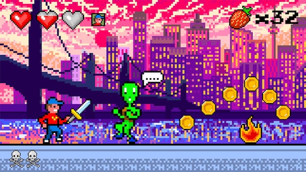 Pixel modern city the game character collects coins passing levels and number of lives art bit