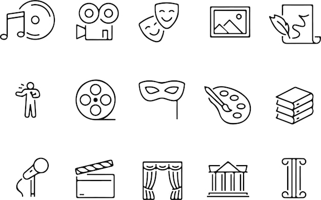 Pixel perfect icon set of art culture theater cinema movie literature sculpture Thin line icons