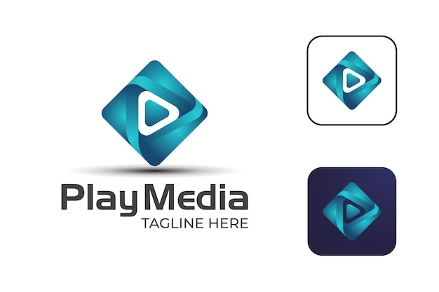 Pixel play media logo design with button icon, symbol for studio music, video player multimedia gradient icon