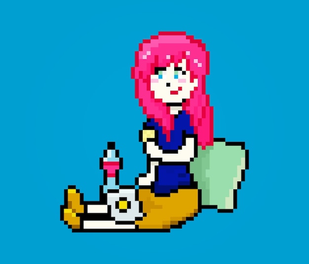 Pixel relaxed female character eating chips