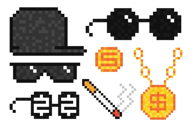 Pixel set of boss sunglasses gold chain coin cigarette and raper cap Vector illustrationxA