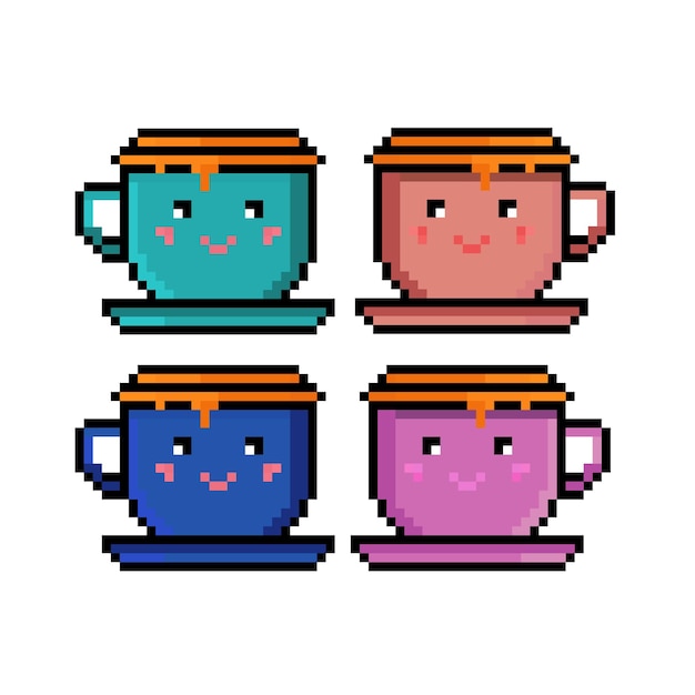 Pixel set cute cup of coffee tea cute drink