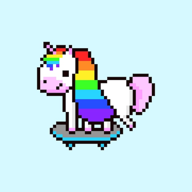 Pixel unicorn on skateboard Cute mythical animal with rainbow mane rides around happily