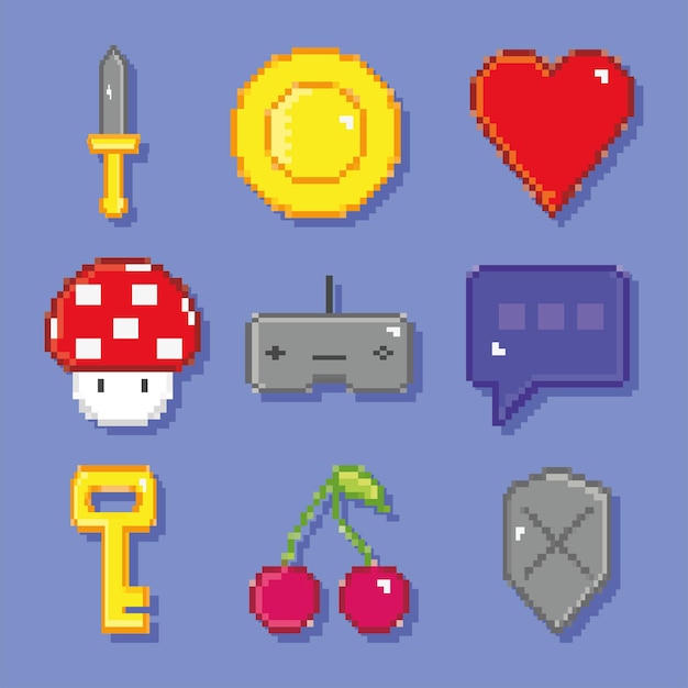 Pixel videogame icon set