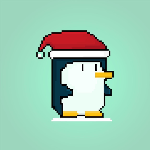 Pixel winter penguin santa hat cute character