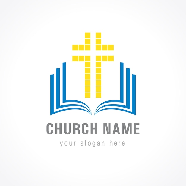 Pixelated cross and open book logo. Religious creative christian logotype. Distant educating symbol.