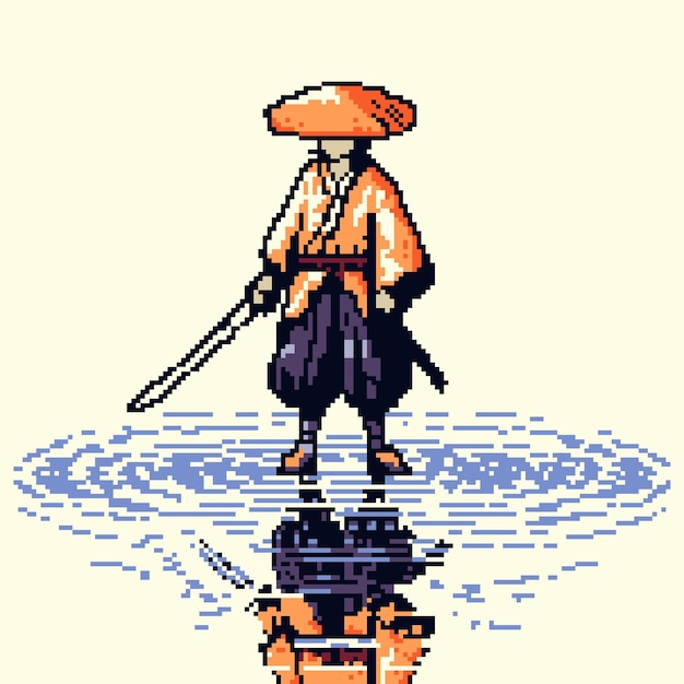 Vector pixelated mysterious wandering samurai standing on water