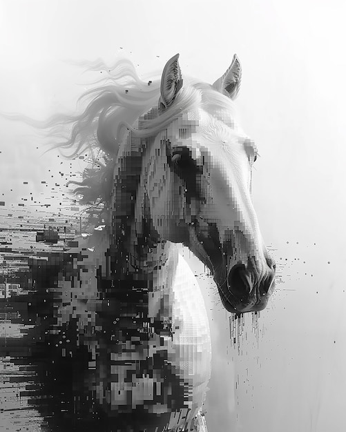 a pixelated noriker horse large black and white pixels