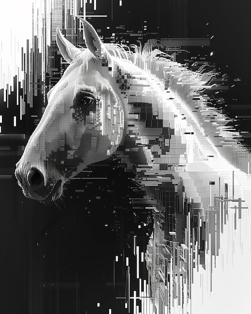 a pixelated noriker horse large black and white pixels