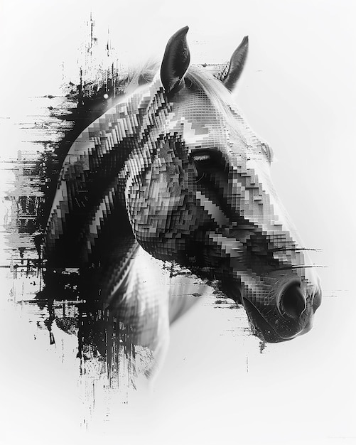 a pixelated noriker horse large black and white pixels