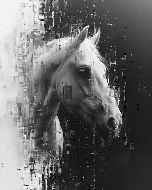 a pixelated noriker horse large black and white pixels