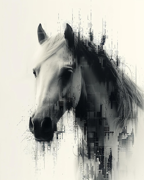 a pixelated noriker horse large black and white pixels