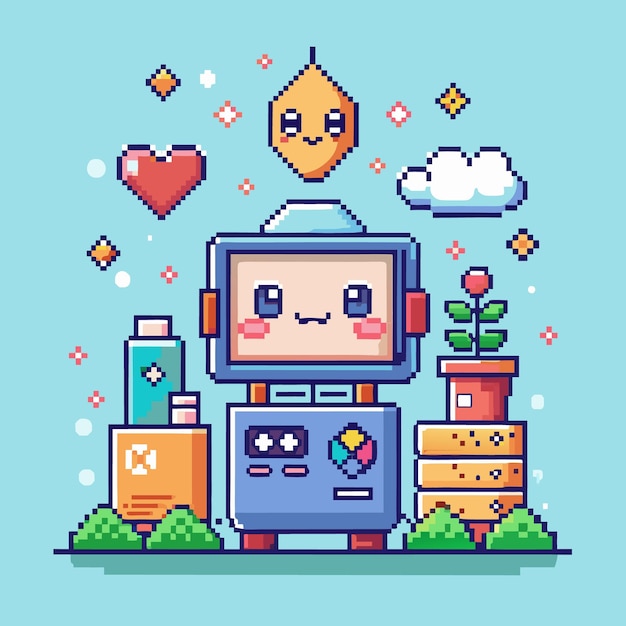 Pixelated robot with heart plant and cloud surrounded by stars