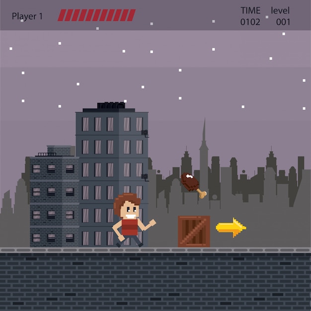 Pixelated urban videogame scenery for fight