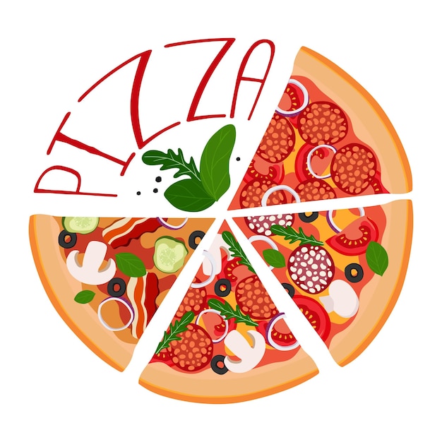 Pizza 4 slices in a circle with an inscription For use textiles packaging paper souvenirs printing