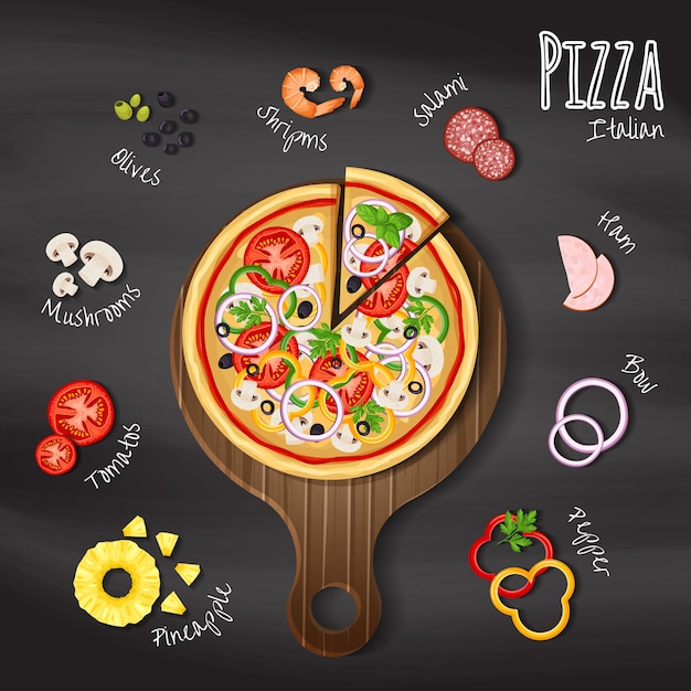 Pizza on the chalkboard background with the ingredients for the pizza pepper  olives tomato etc