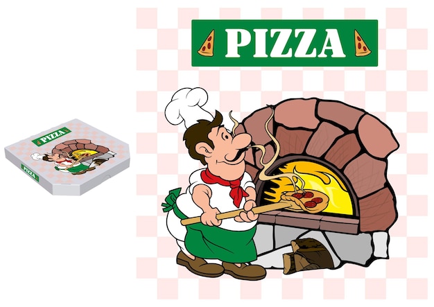 Pizza Chef and Baking Oven in Graphic Design on a Paper Pizza Box