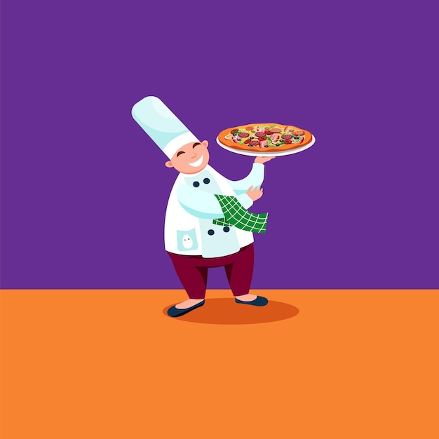 Pizza chef holding big hot pizza in his hand. Cartoon vector illustration