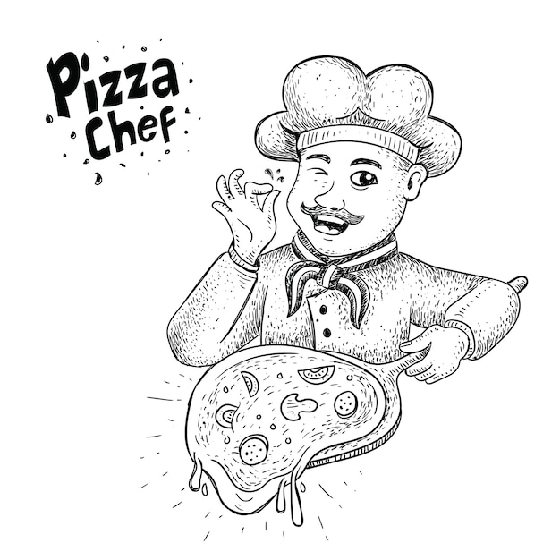 pizza chef illustration in hand drawn style