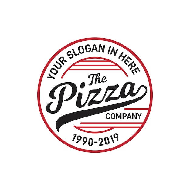 Pizza circle badge restaurant logo design with red and black color