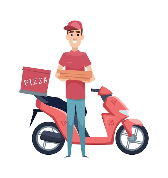 Pizza delivery. Boy with food boxes and scooter. Isolated motorbike and flat man vector character. Box pizza, boy with moped service delivery illustration