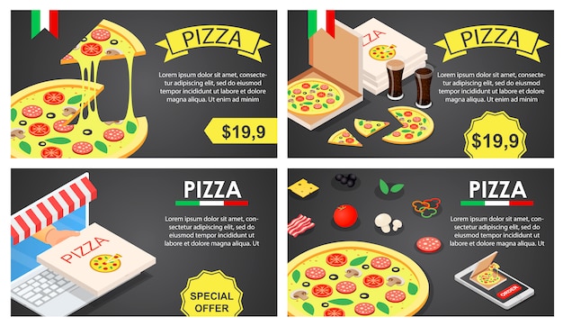 Pizza festival banner concept set, isometric style