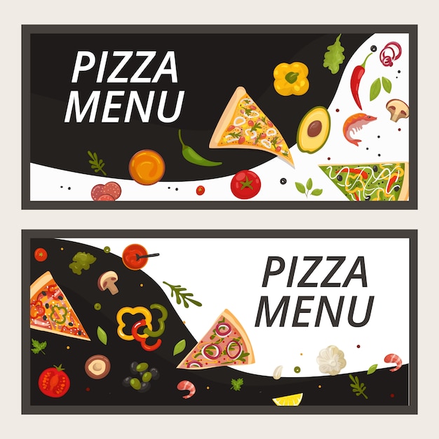 Pizza food menu for pizzeria restaurant, cartoon banner  illustration. Italian banner set, pepperoni and cheese pizza flyer. Dinner meal cuisine poster concept, italy cook .