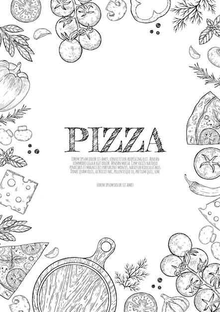 Pizza hand drawn cartoon doodles illustration Pizzeria objects and elements design Creative art background Line art vector background