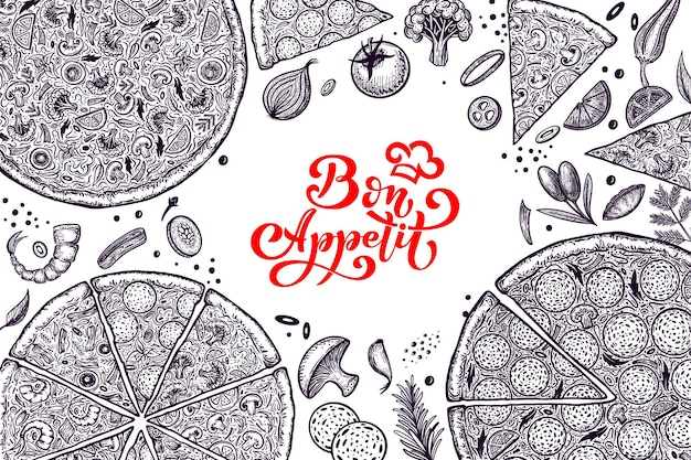 Pizza and ingredients Hand drawn pizzeria menu template