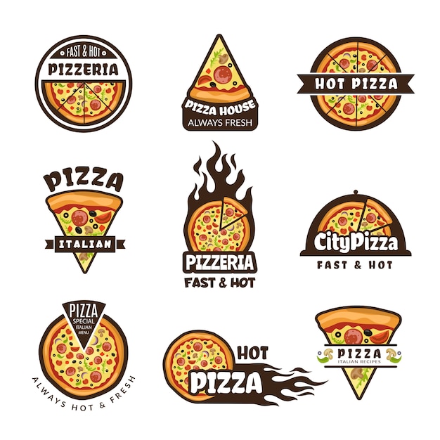 Pizza labels. Pizzeria logo design italian cuisine pie food ingredients  colored badges template